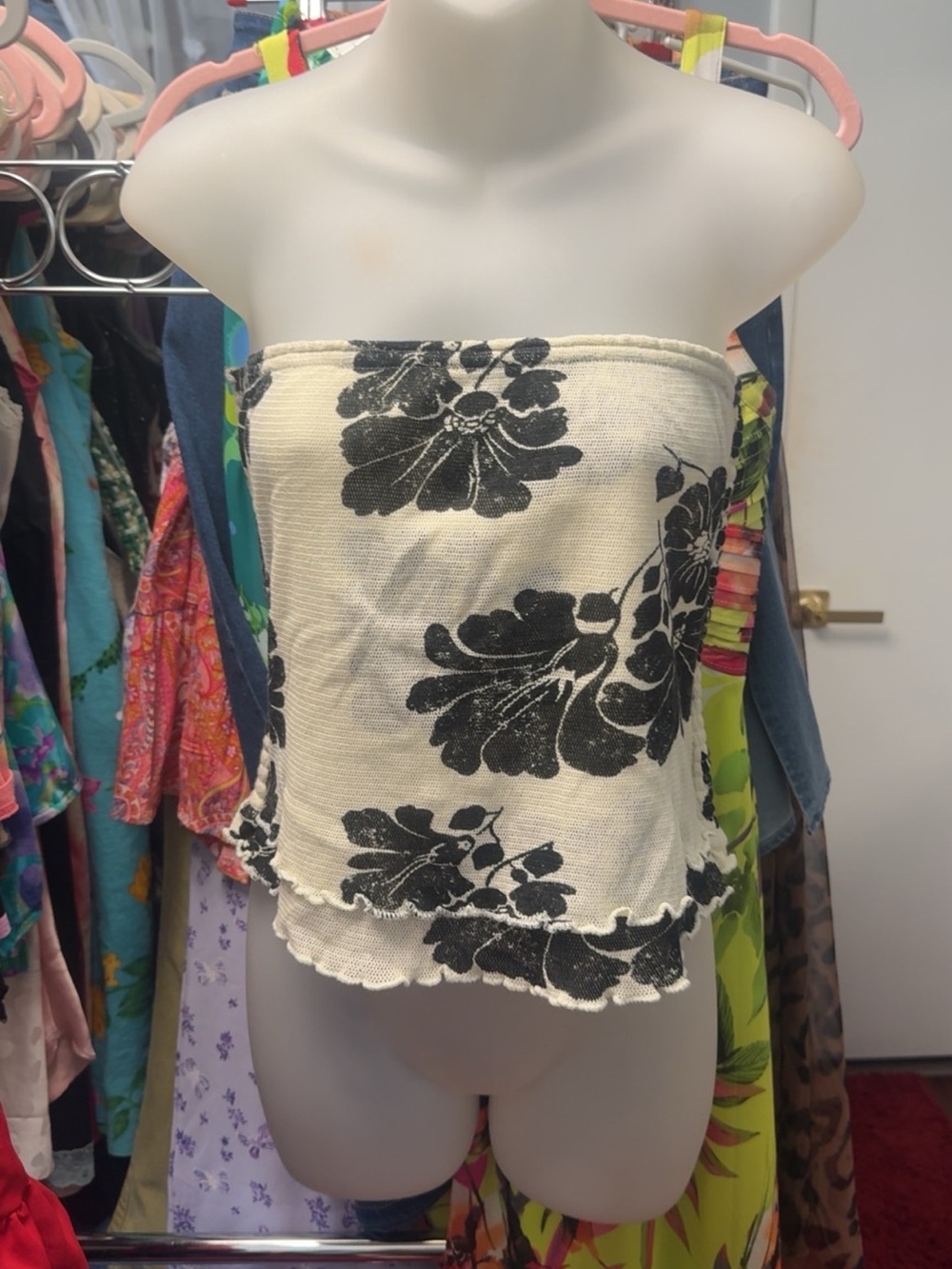 Free People Strapless Floral Tube Top - Black on Cream